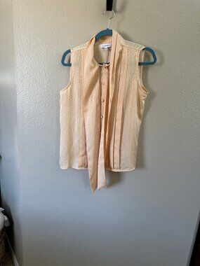 Calvin Klein Womens Sleeveless Peach Chevron Textured Button-Up Blouse Tie Small